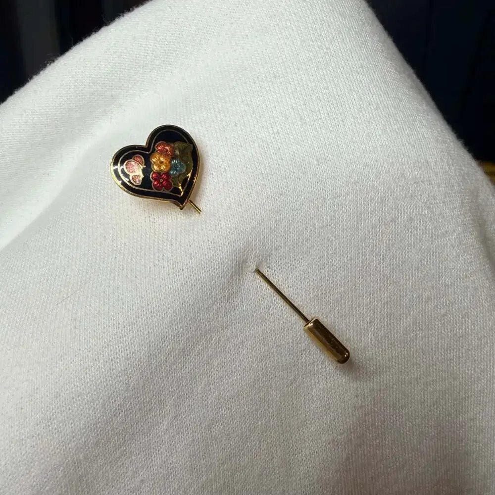 Vintage Cloisonné Enamel Heart Stick Pin with Floral and Butterfly Design